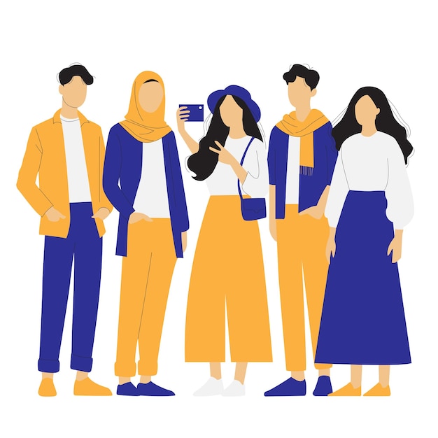 Um grupo de amigos vestindo camisas amarelas laranjas e azuis escuras posam para uma foto