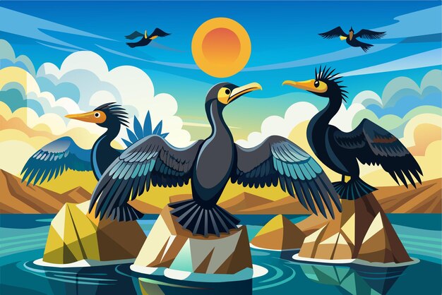 Vetor um grupo de cormorões secando as asas ao sol depois de uma viagem de pesca bem-sucedida