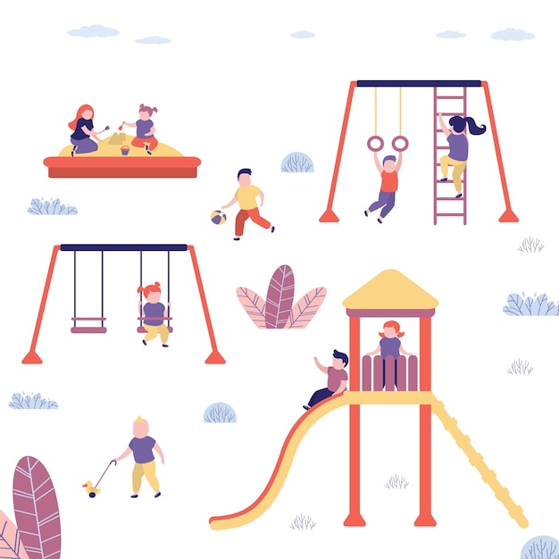 Um grupo de crianças brincando no playground ilustração vetorial