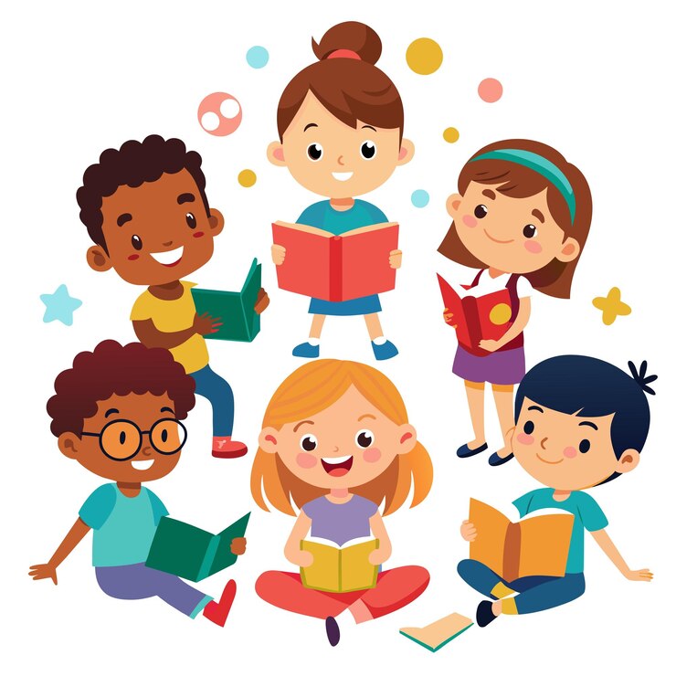 Vetor um grupo de crianças com livros que dizem crianças