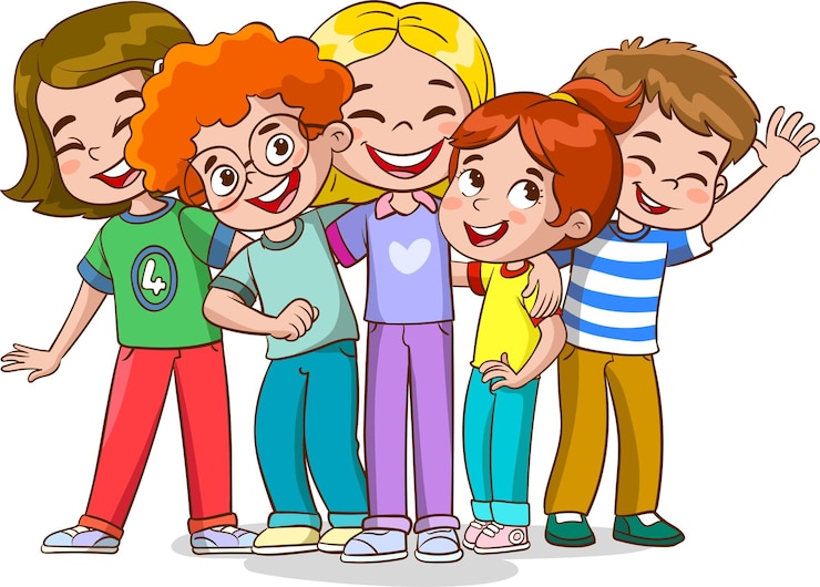 Vetor um grupo de crianças está se abraçando e sorrindo.
