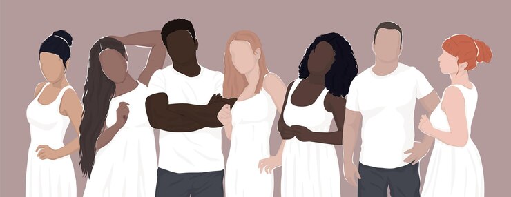Vetor um grupo de diversas pessoas de diferentes grupos étnicos estão juntos em camisetas brancas