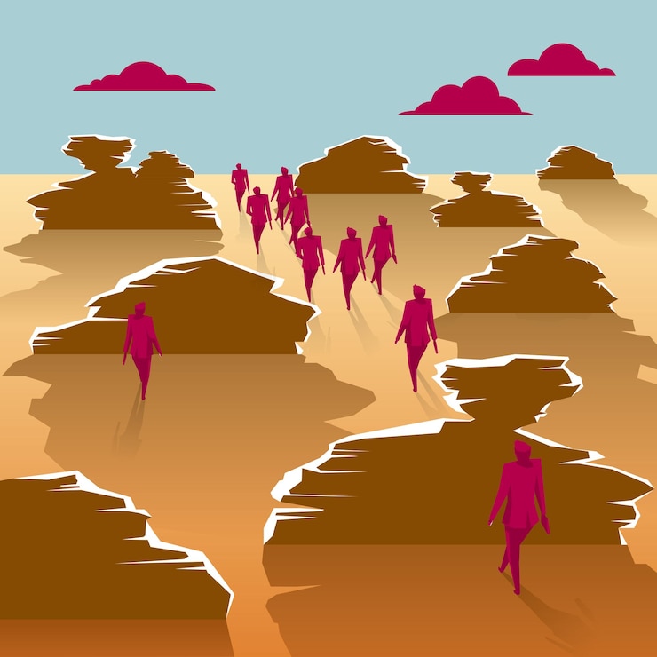 Vetor um grupo de empresários caminhava no deserto. o céu é azul.