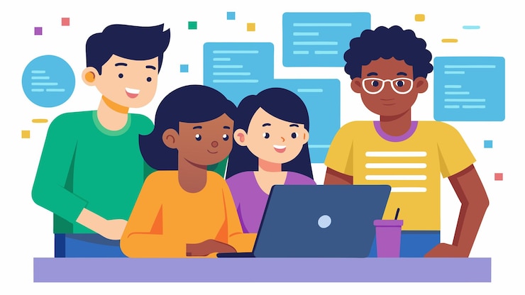 Vetor um grupo de estudantes de minorias com expressões determinadas trabalhando juntos para resolver uma codificação complexa
