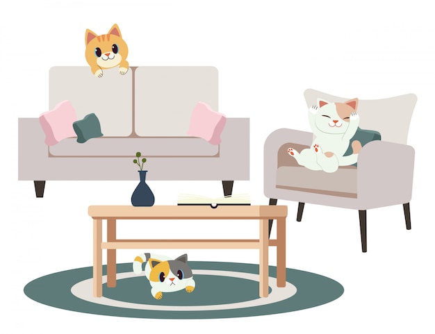 Um grupo de gatos bonitos personagem brincar de esconde-esconde em casa