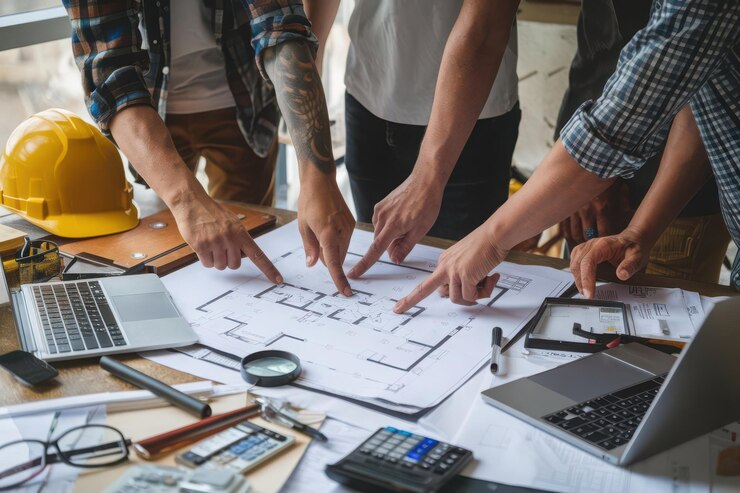Vetor um grupo de homens está trabalhando em uma mesa com uma calculadora e outros objetos