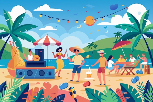 Vetor um grupo de indivíduos de pé juntos em uma praia de areia desfrutando da vista ilustra o conceito de tokenização em ecossistemas de blockchain