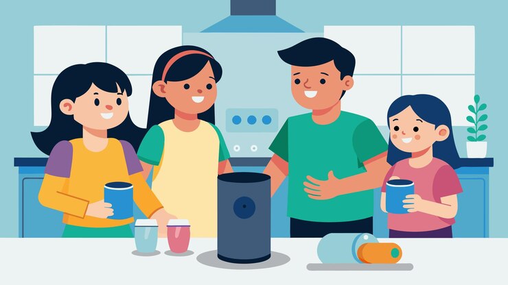 Vetor um grupo de irmãos se reúne em torno de um dispositivo ativado por voz na cozinha competindo para ver quem pode