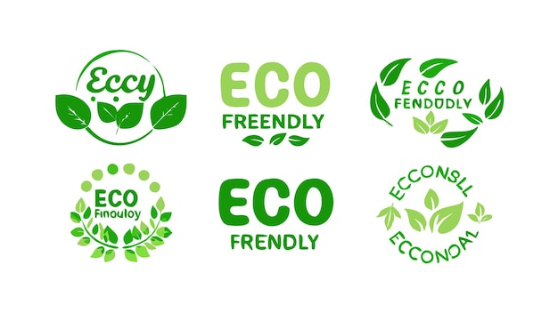 um grupo de logos verdes com as palavras eco-friendly sobre eles