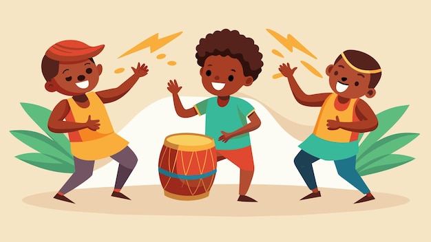 Vetor um grupo de meninos habilmente tocando tambores de djembe enquanto dois dançarinos se entrelaçam em um cativante