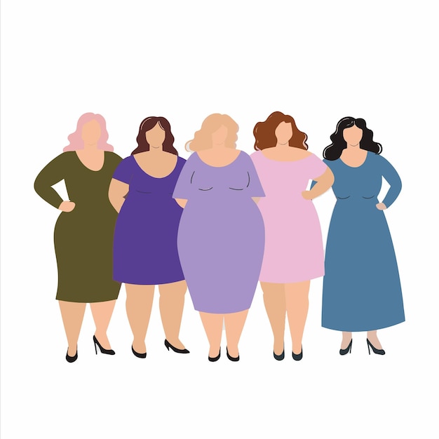 Vetor um grupo de mulheres de tamanho maior corpo ilustração vetorial positiva