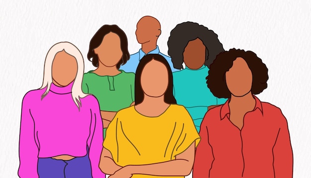 Um grupo de mulheres fica em uma linha com os braços cruzados ilustração plana