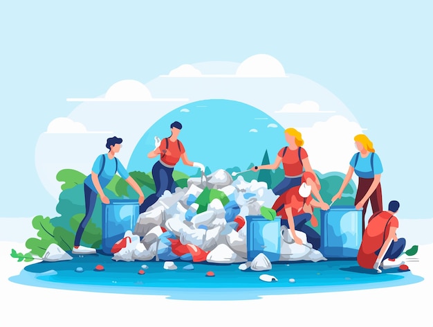 Vetor um grupo de personagens limpando lixo