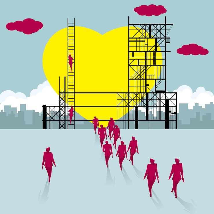 Vetor um grupo de pessoas caminhou até o canteiro de obras. fazendo um formato de coração.