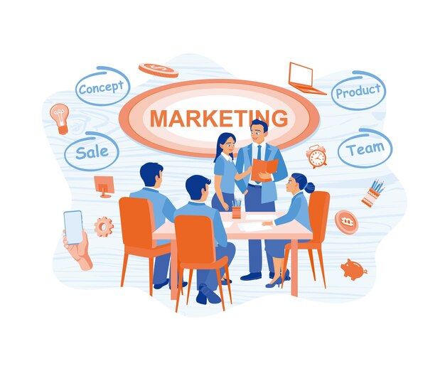 Vetor um grupo de pessoas de negócios se reúnem em uma sala de reuniões para discutir produtos de negócios de marketing conceito de marketing vetor plano ilustração moderna