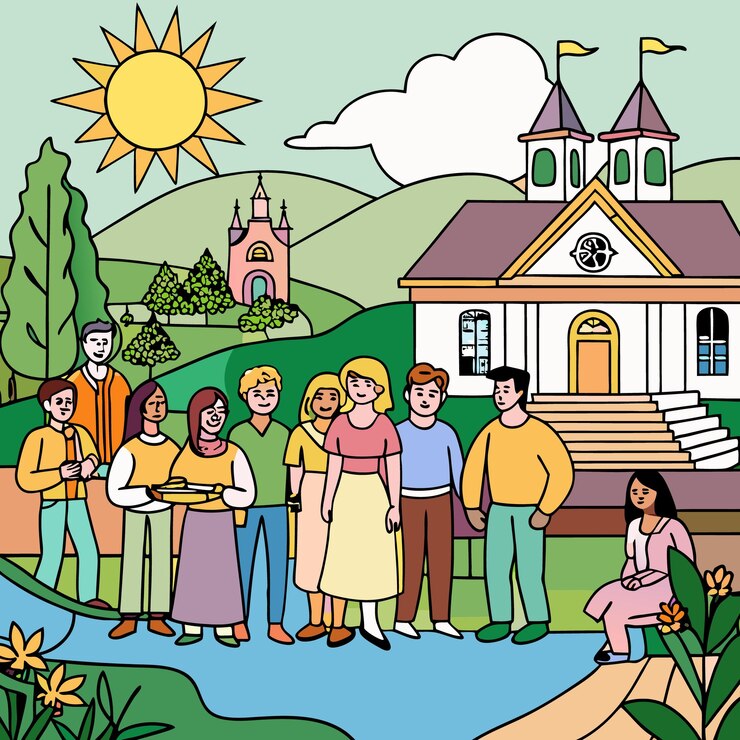 Vetor um grupo de pessoas diversas em frente a uma igreja em um dia ensolarado desfrutando do belo tempo