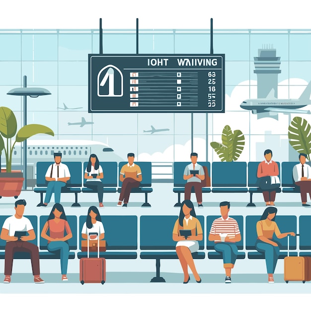 Um grupo de pessoas está sentado em uma área de espera em um aeroporto