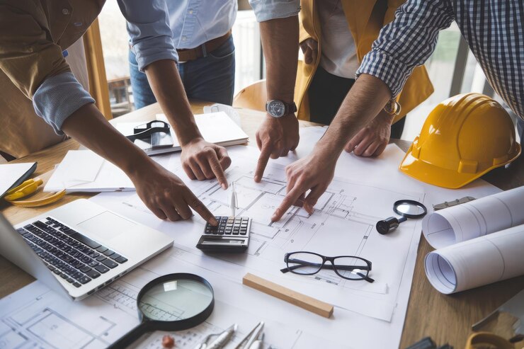 Vetor um grupo de pessoas está trabalhando em um projeto com uma calculadora na mesa