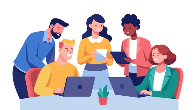 um grupo de pessoas estão sentadas em torno de uma mesa com laptops e laptops