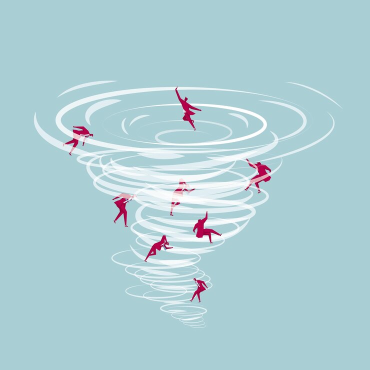 Vetor um grupo de pessoas ficou preso em um tornado. isolado no fundo azul.