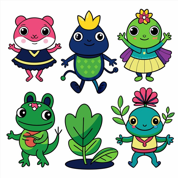 Vetor um grupo de sapos com um personagem de desenho animado e um sapo na frente