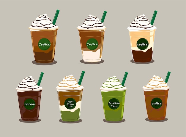 Um grupo de xícaras de frappuccino starbucks com chá verde.