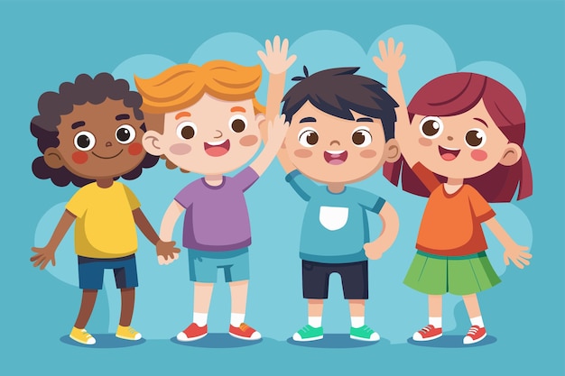 Vetor um grupo diversificado de crianças de pé um ao lado do outro com alguns highfiving e sorrindo crianças high five ilustração desproporcional personalizável