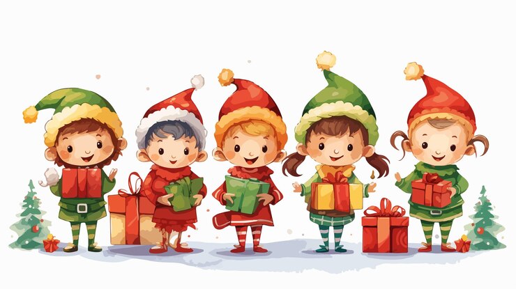 Vetor um grupo festivo de elfos bonitos a celebrar o feliz natal numa bandeira horizontal.