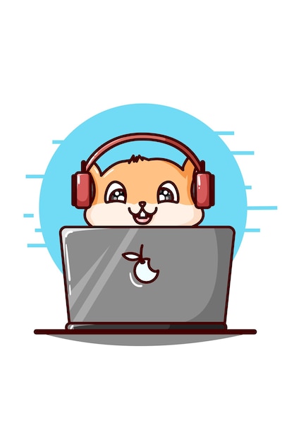 Um hamster fofo usando fone de ouvido e jogando a ilustração do laptop