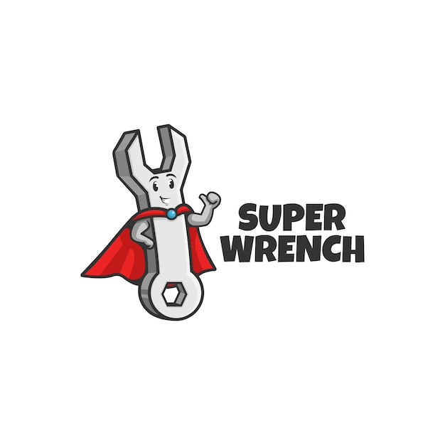 Um herói mascote de chave inglesa ou super-herói encanador segurando uma chave inglesa ou chave inglesa e inventando o polegar. logotipo do mascote.