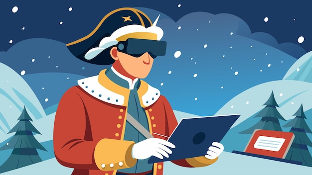 Vetor um historiador estuda uma recriação de realidade virtual de valley forge tomando notas detalhadas e