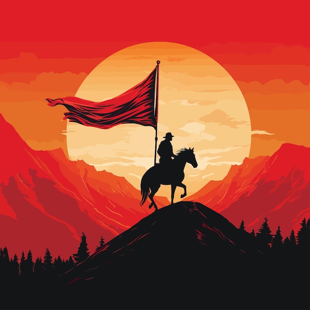 Vetor um homem a cavalo está a montar uma montanha com um vermelho.