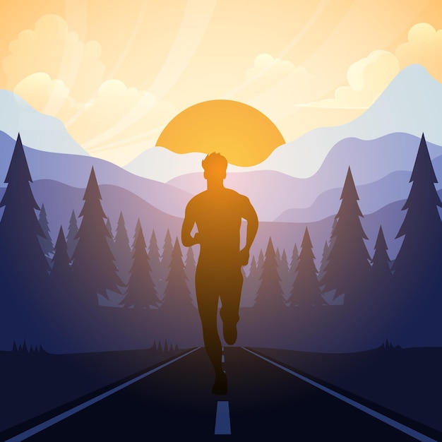 Um homem a correr de manhã com o nascer do sol
