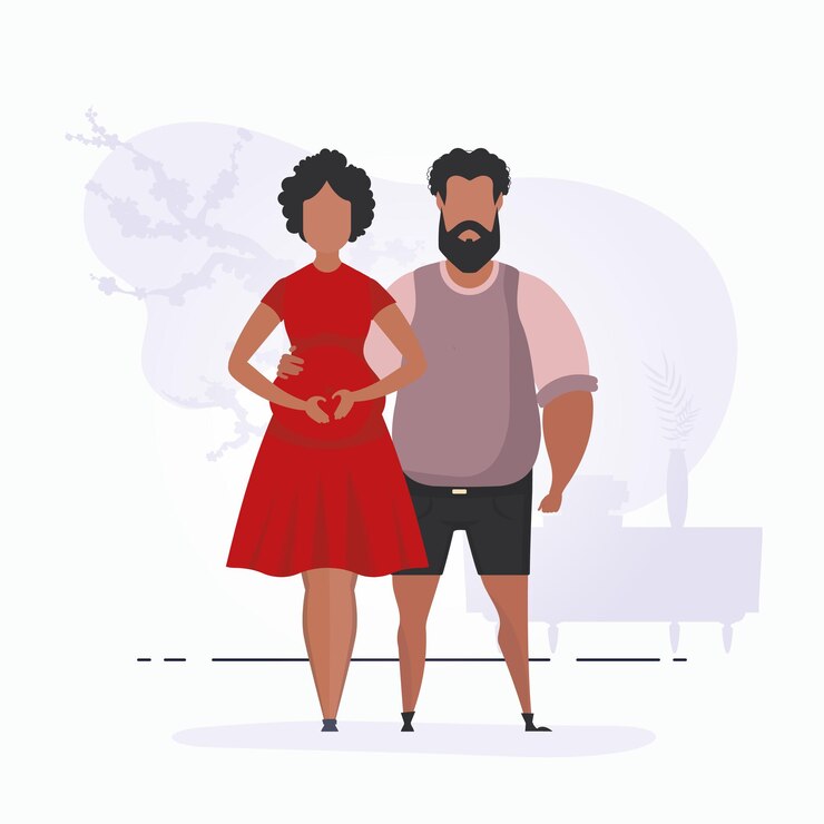 Vetor um homem abraça uma mulher grávida um cartaz sobre o tema do jato de vapor de uma criança gravidez feliz ilustração vetorial em um estilo simples