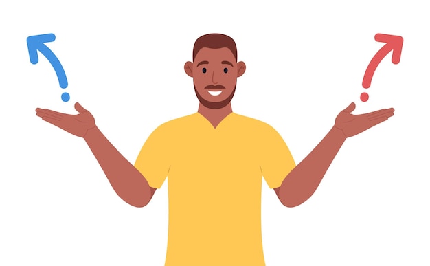Um homem afro-americano barbudo espalhando os braços estendidos tentando escolher a direção direita ou esquerda Vetor