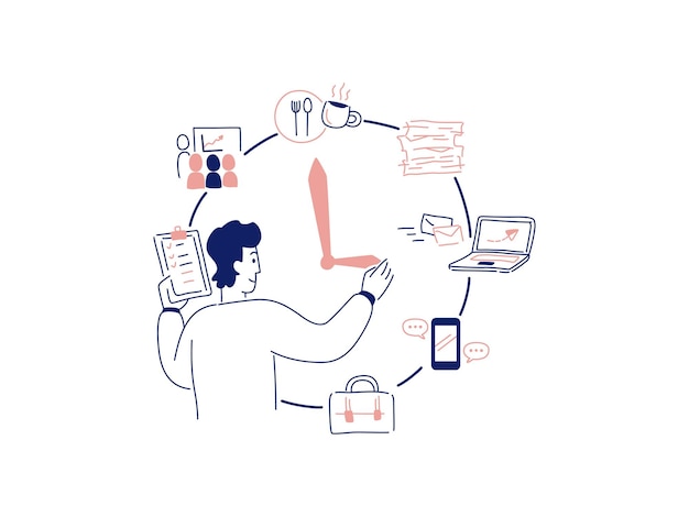 Um homem agenda atividades diárias ilustração vetorial desenhada à mão