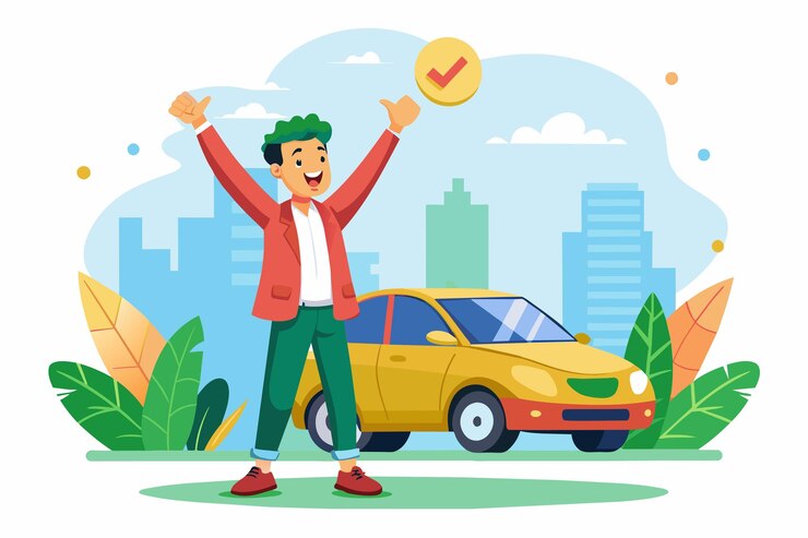 Vetor um homem alegre com cabelos verdes levanta os braços em emoção depois de ser aprovado para um empréstimo de carro homem aprovado para empréstimo de automóvel ilustração plana