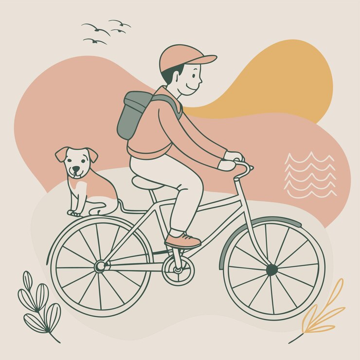 Vetor um homem andando de bicicleta com um cão na parte de trás de suas costas