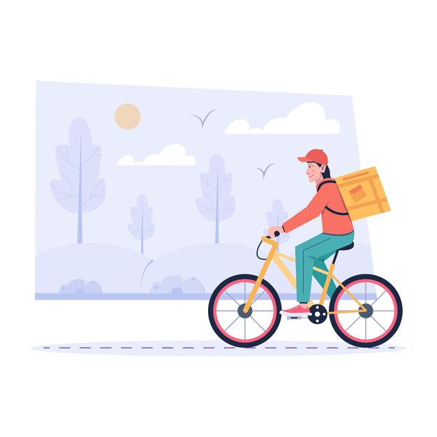 Um homem andando de bicicleta com uma caixa nas costas.