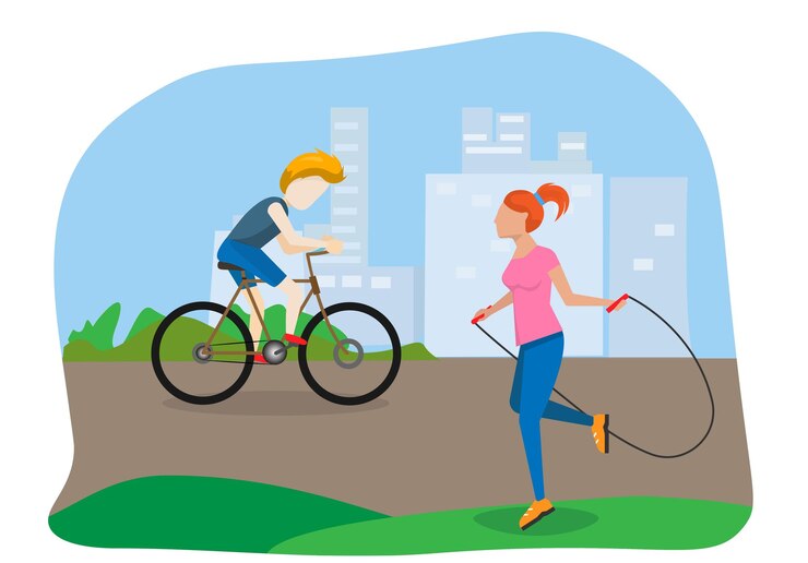 Vetor um homem andando de bicicleta uma jovem fazendo um exercício de pular corda morar em uma cidade ecologicamente correta