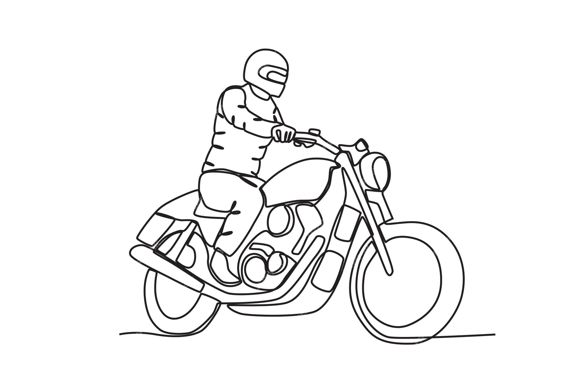 desenho de uma linha contínua motociclista andando de moto na