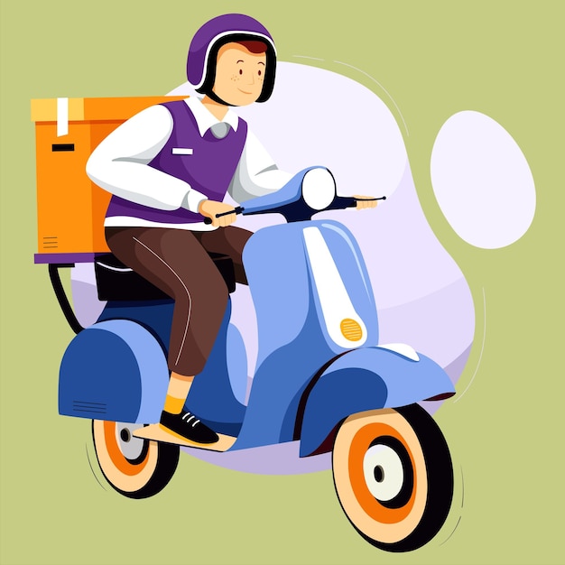 Um homem andando de scooter com uma caixa na frente.