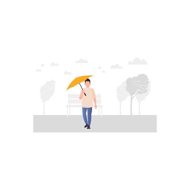 Um homem andando no parque com um guarda-chuva.