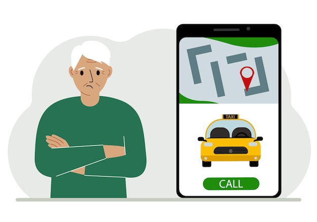 Vetor um homem ao lado de um grande smartphone na tela que tem um táxi e geolocalização o conceito de um aplicativo de táxi móvel ou pedir um táxi online