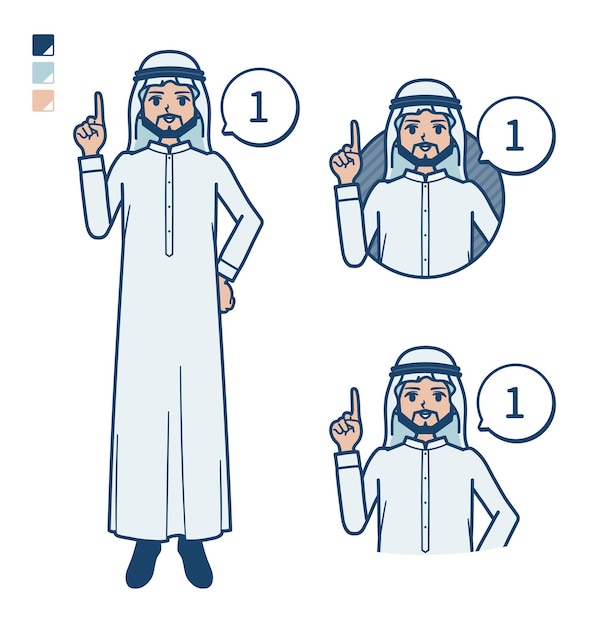 Um homem árabe em traje branco com contando como 1 imagens