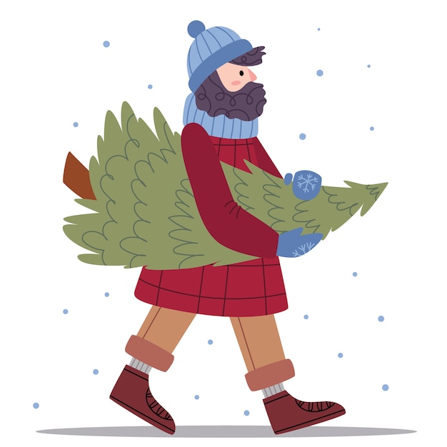 Um homem barbudo com roupas de inverno carrega uma árvore de Natal. Moda de inverno. Clima aconchegante. Ilustração para livro infantil. Poster bonito. Ilustração simples. Estilo escandinavo. Minimalismo. Natureza.