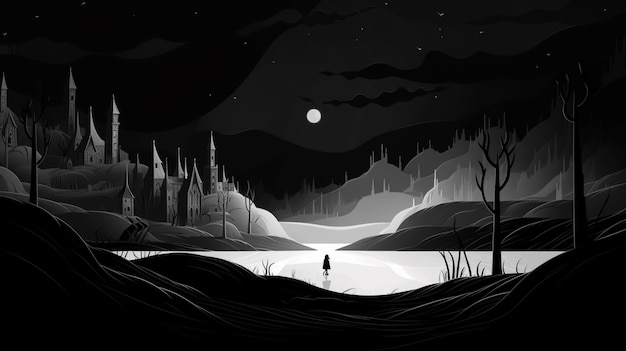Vetor um homem caminha em uma paisagem coberta de neve com uma lua ao fundo