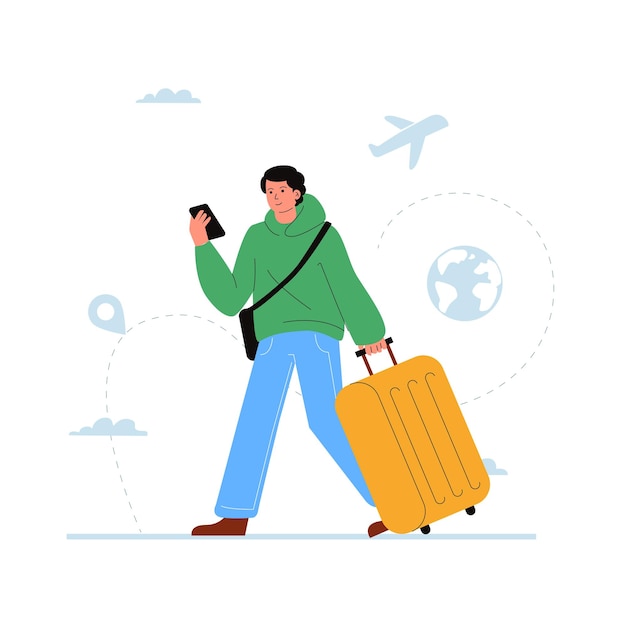 Um homem caminhando com uma mala e segurando um telefone em suas mãos no aeroporto