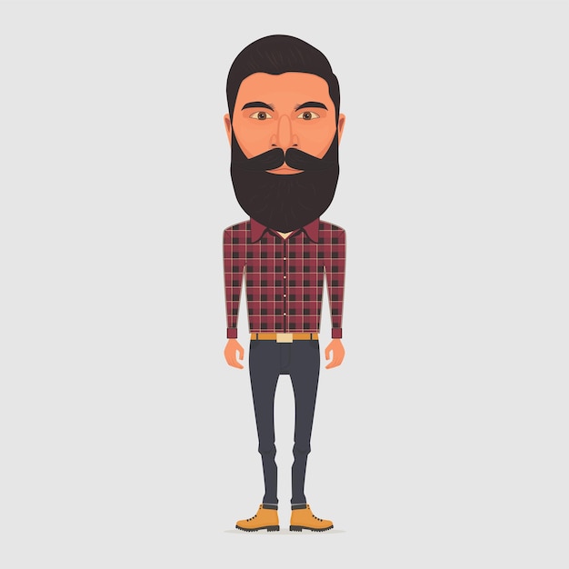 um homem com barba e bigode está de pé na frente de um fundo cinzento