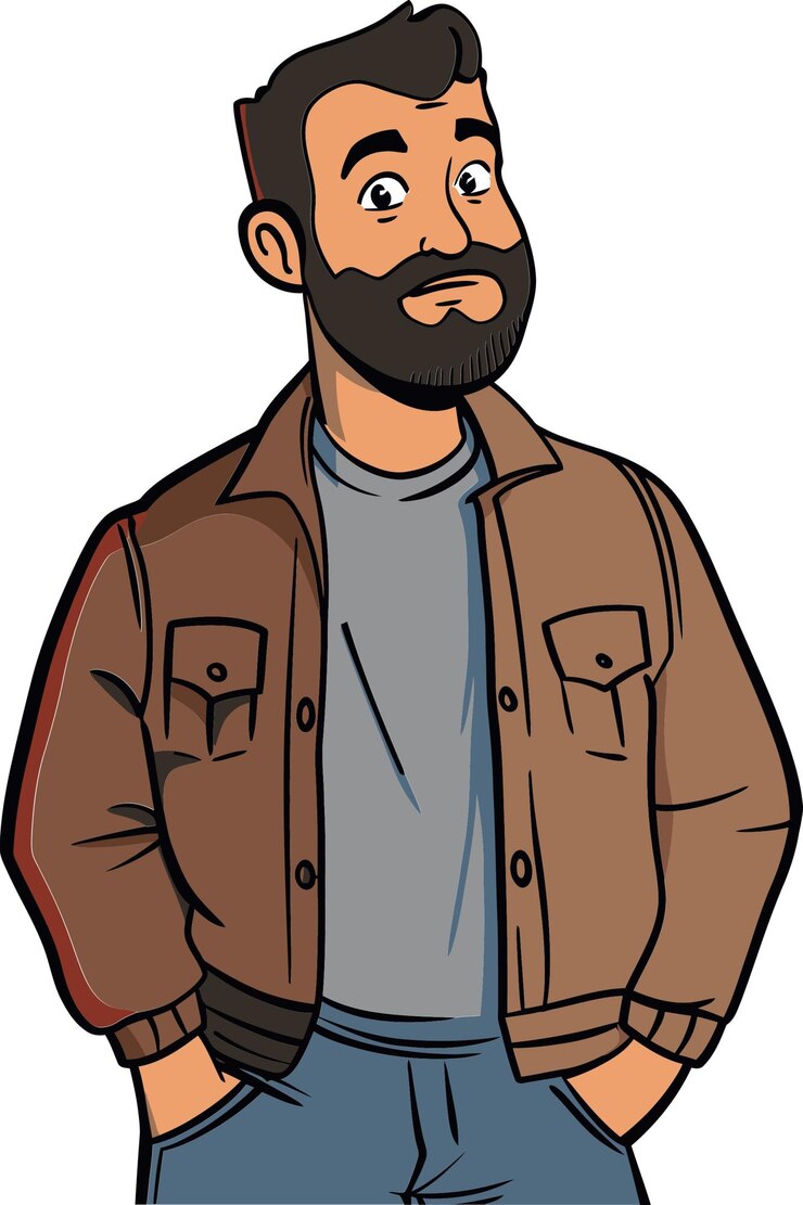 Vetor um homem com barba e bigode vestindo uma jaqueta marrom